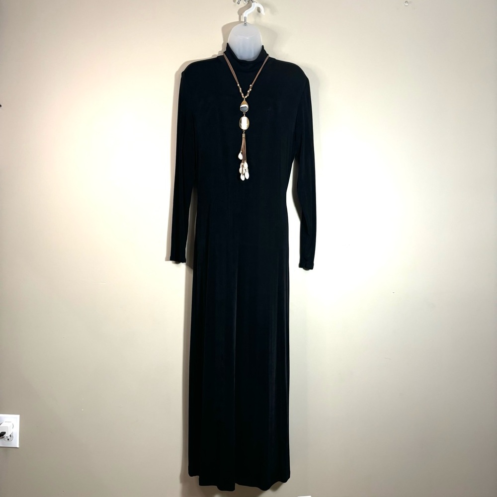 Double D Ranch Black Slinky Maxi Dress Mock Turtleneck Sleek Stretch Minimalist